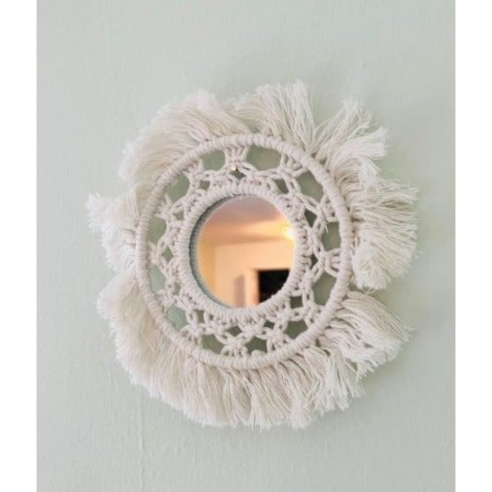 Mini Round Wall Mirror with Macrame Fringe Set of 3 Small Wall Hanging